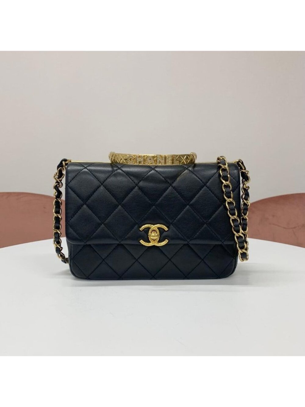 Chanel Quilted Top Handle CC Logo Leather